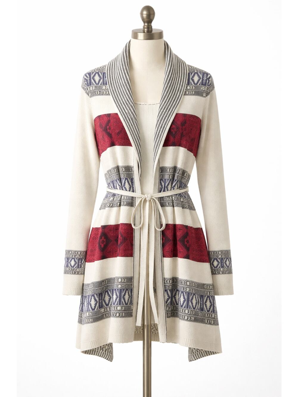 Belldini Tribal Boho Long Cardigan Tie Waist Ivory Red